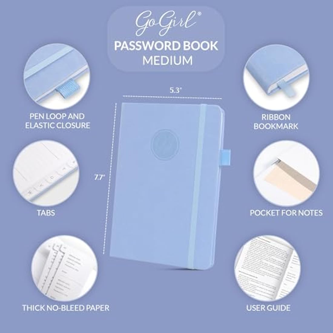 GoGirl Password Book with Alphabetical tabs – Internet Address & Password Keeper Logbook for Password Organization, Journal Notebook for Saving Website Logins. Medium Size 13.5 x 19cm - Light Blue