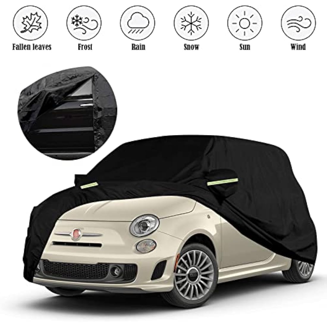 Waterproof Car Cover Compatible with Fiat 500/500C/500E/Abarth 500 2007-2022, 4 Layers All Weather Custom-fit Car Cover with Zipper Door & Windproof Strap for Snow Rain Dust Hail Protection