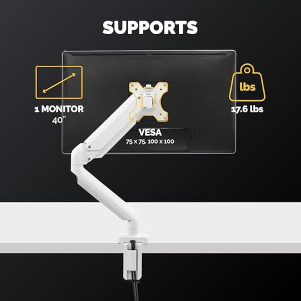 Fellowes Platinum Series Monitor Arm - Monitor Mount for 8KG 40 Inch Screens - Adjustable Monitor Desk Mount - Tilt 45° Pan 180° Swivel 360° Rotation 360°, VESA 75 x 75/100 x 100 - White
