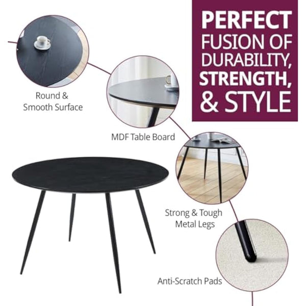 Hallowood Furniture Cullompton Large Black Dining Table with Black Metal Legs, Wooden Effect Top 4-6 Seater Round Table for Dining Rooms, Kitchens, or Cafés