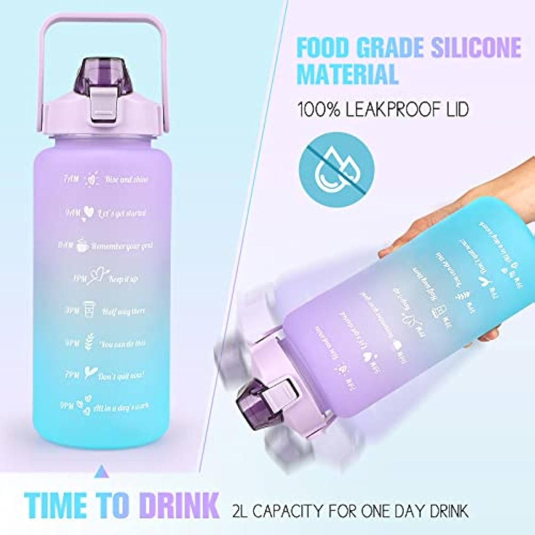 Water Bottle 2L BPA Free Sport Drinks Jug with Time Marking & Lock Cover, Leak Proof 2 Liters Water Bottle with Portable Handle, Purple Water Canteen Bottle