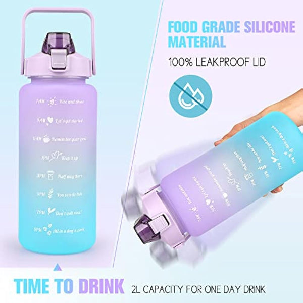 Water Bottle 2L BPA Free Sport Drinks Jug with Time Marking & Lock Cover, Leak Proof 2 Liters Water Bottle with Portable Handle, Purple Water Canteen Bottle