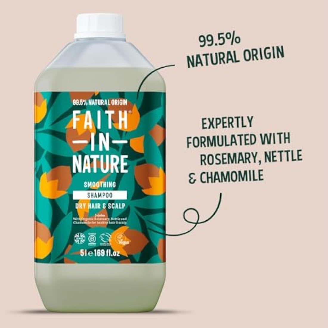 Faith In Nature Natural Jojoba Shampoo, Smoothing for Dry Hair & Scalp, Vegan & Cruelty Free, No SLS, Silicones or Parabens, 5L Refill Pack