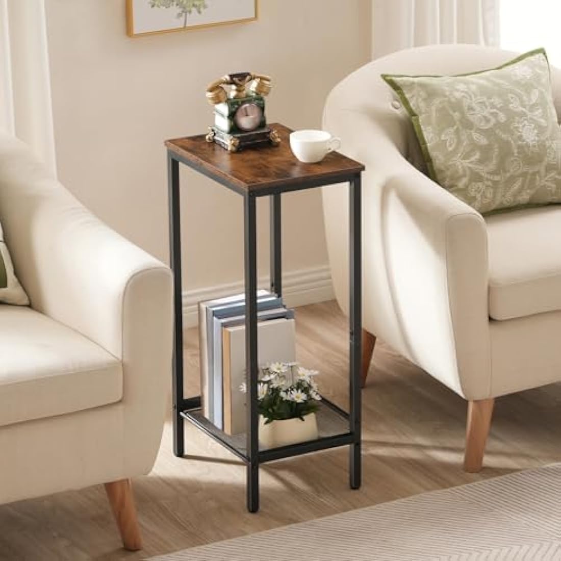 HOOBRO Tall Side Table, Industrial Telephone Table, Narrow Bedside Table with Adjustable Mesh Shelf, 2-Tier Small Coffee Table for Hallway, Living Room, Nightstand, Rustic Brown and Black EBF03DH01