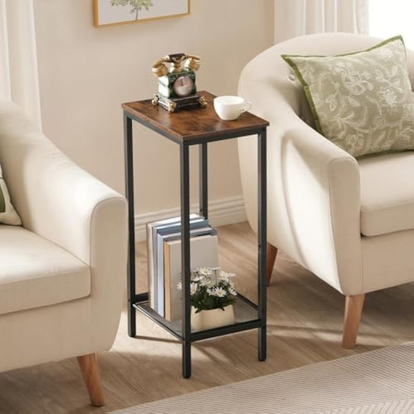 HOOBRO Tall Side Table, Industrial Telephone Table, Narrow Bedside Table with Adjustable Mesh Shelf, 2-Tier Small Coffee Table for Hallway, Living Room, Nightstand, Rustic Brown and Black EBF03DH01