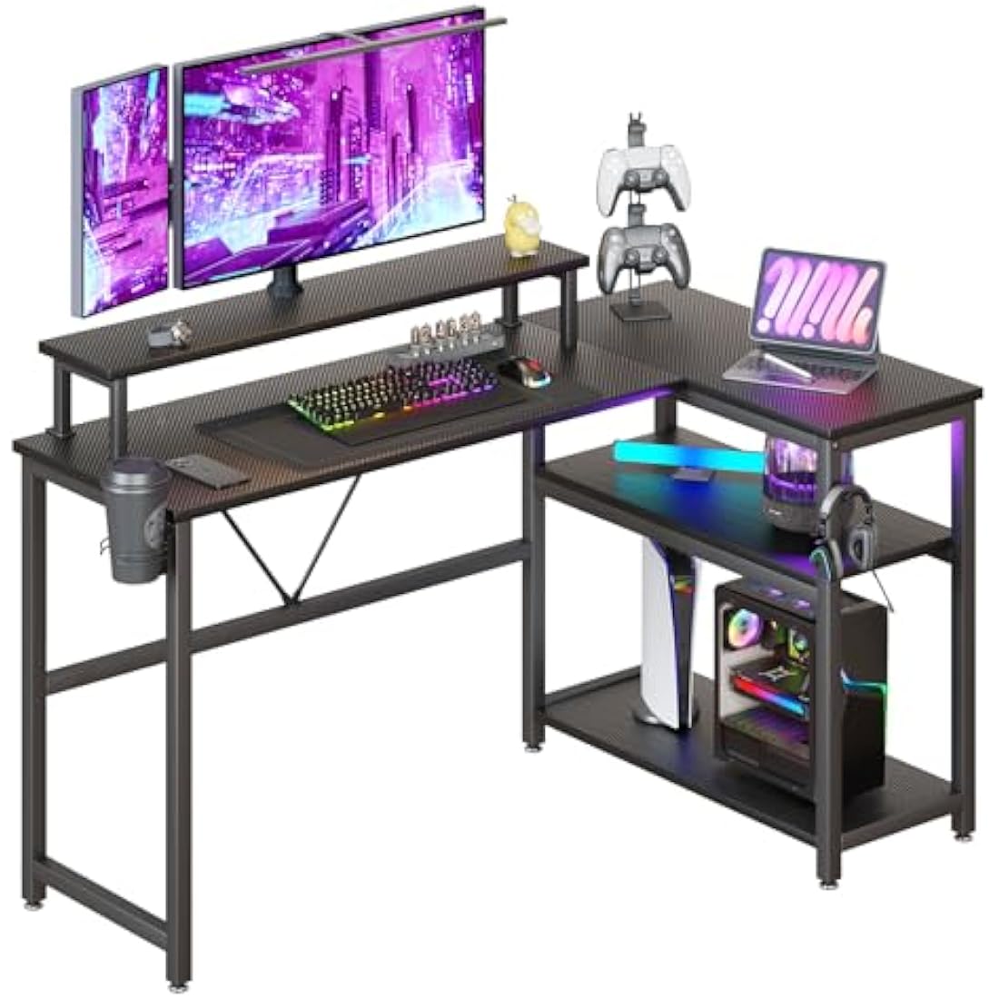 HEEYUE Computer desk, L-shaped Gaming Desk with Large Monitor Stand,Corner Desk with 2-Layer Storage Shelf, Computer Workstation for Home Office (Black Carbon Fiber)
