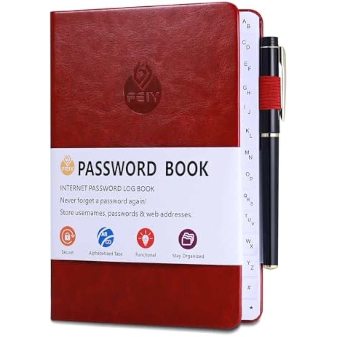 JIANTA Password Book Alphabetical with Tabs A-Z Index Hardback for Internet Website Address Contacts Password Organizer with Pen, Elastic Band, Inner Pocket (13cm x 19cm, Burgundy)