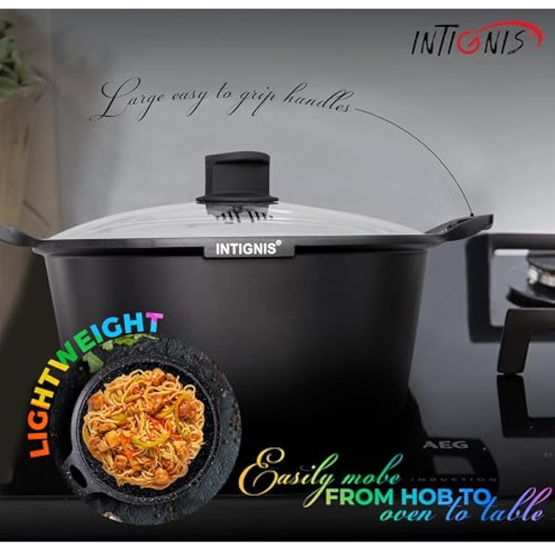 INTIGNIS® Casserole Pot with lid – Large 36cm |14 Litre | 16 Inches – Induction Compatible – GREBLON Ceramic Non Stick Chemical Free Coating Black