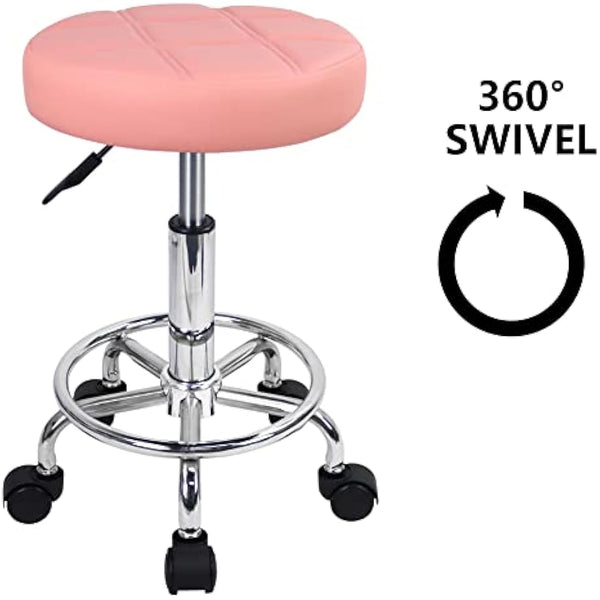 KKTONER Round Rolling Stool Chair PU Leather Height Adjustable Swivel Drafting Work SPA Shop Salon Stools with Wheels Office Chair Small (Pink)