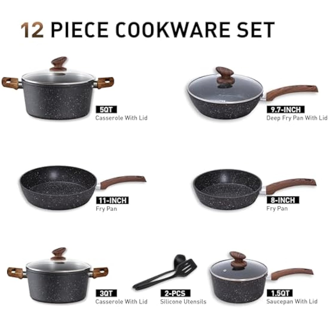 DishDelight 12 Piece Non-Stick Pots and Pans Set, Nonstick Induction Granite-Coated Cookware Set, Nonstick Saucepan Set, Black