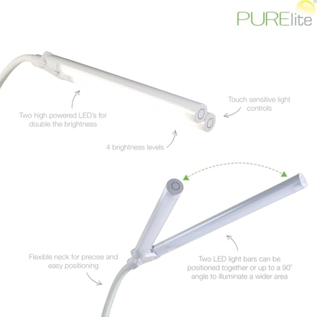 PURElite Natural Daylight Floor Lamp – Twin Lights for Double Power, Flexible LED Floor Light, 4 Colour Brightness Settings, Natural Daylight Bulbs for Reading, Needlework, Sewing, Crafting - White