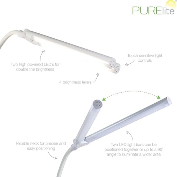 PURElite Natural Daylight Floor Lamp – Twin Lights for Double Power, Flexible LED Floor Light, 4 Colour Brightness Settings, Natural Daylight Bulbs for Reading, Needlework, Sewing, Crafting - White