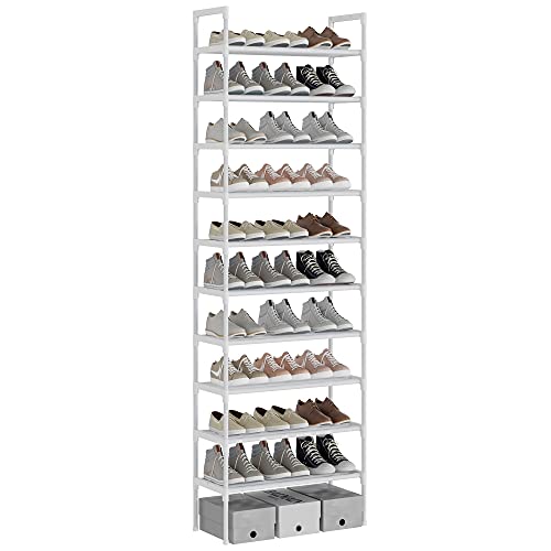 AcornFort S-528 10 Tiers White Adjustable Shoe Storage Tall Shoe Rack Organiser Shelf Hold Stand for 30 Pairs Shoe, 56 x 30 x 170cm Silver, Sturdy