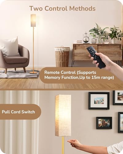 EDISHINE Floor Lamp, Standing Lamp with Square Linen Lampshade, Floor Lamps for Living Room, Bedroom, 165cm, E27 Socket(9W LED Dimmable Bulb Included), Magnetic Remote Control, Gold