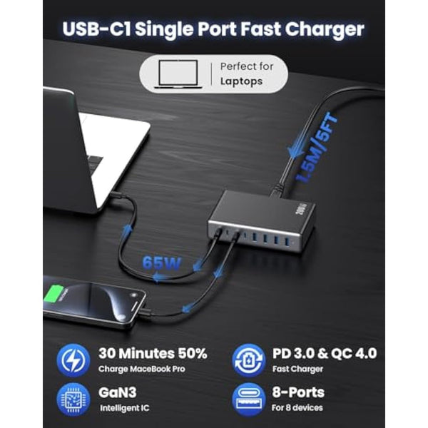 200W USB C Charger Block,GaN III 8-Ports USB C Charging Hub,QC4.0 Fast Phone Charging Station+PD 65W Laptop Charger Compatible with MacBook Pro/Air,DELL,iPhone 16 Pro/15,Galaxy S24/S23,Steam Deck