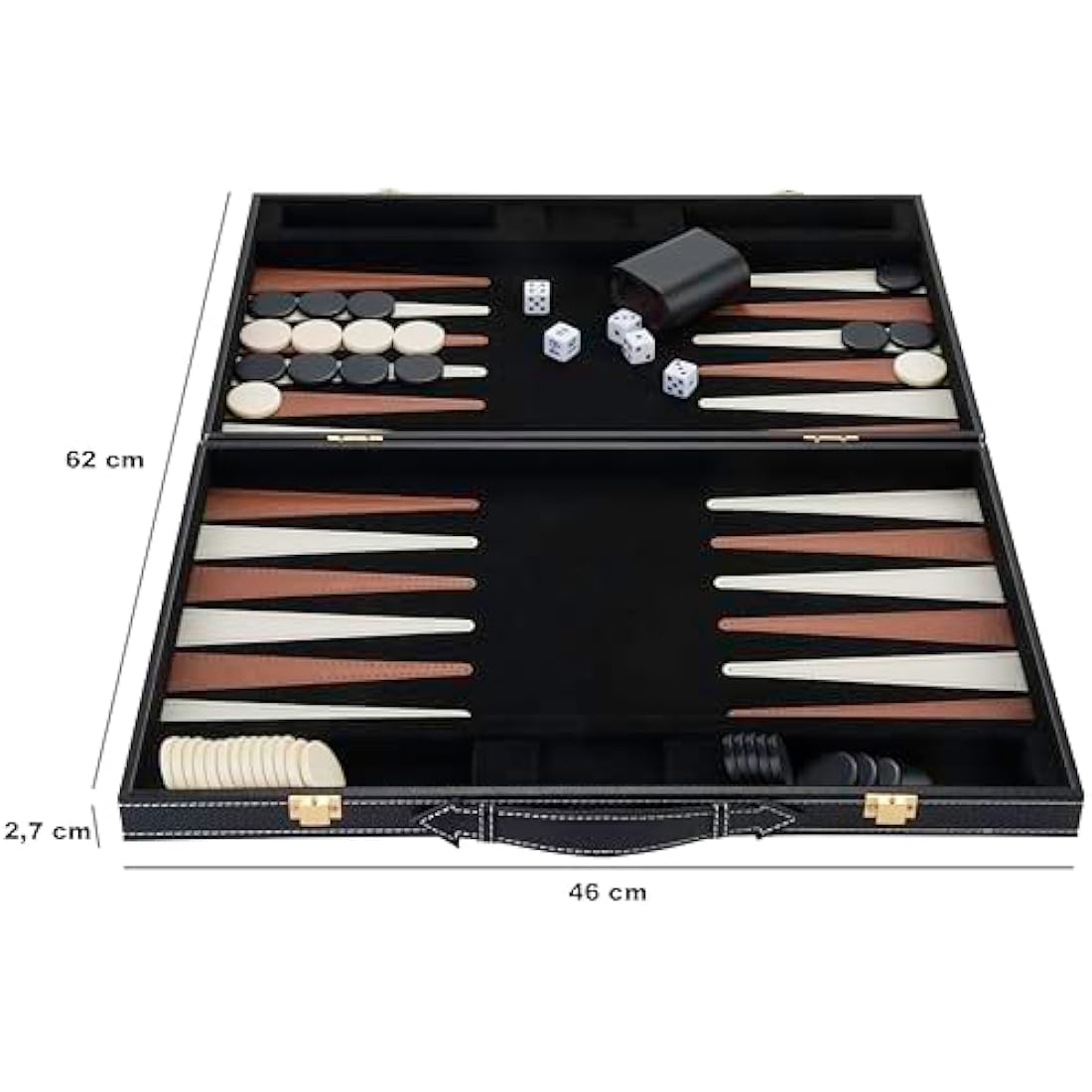 Engelhart – 250504 – Deluxe Backgammon Game 18” – Brown/Ivory – Open: 45.5 x 30.5 x 6 cm –Felt interior – Faux leather points – Metal clasps – 2 players – 5 dice, 2 cups matching checkers