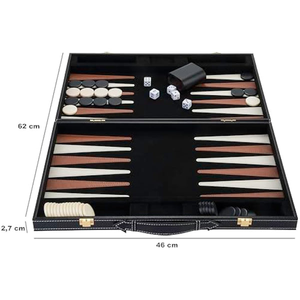 Engelhart – 250504 – Deluxe Backgammon Game 18” – Brown/Ivory – Open: 45.5 x 30.5 x 6 cm –Felt interior – Faux leather points – Metal clasps – 2 players – 5 dice, 2 cups matching checkers