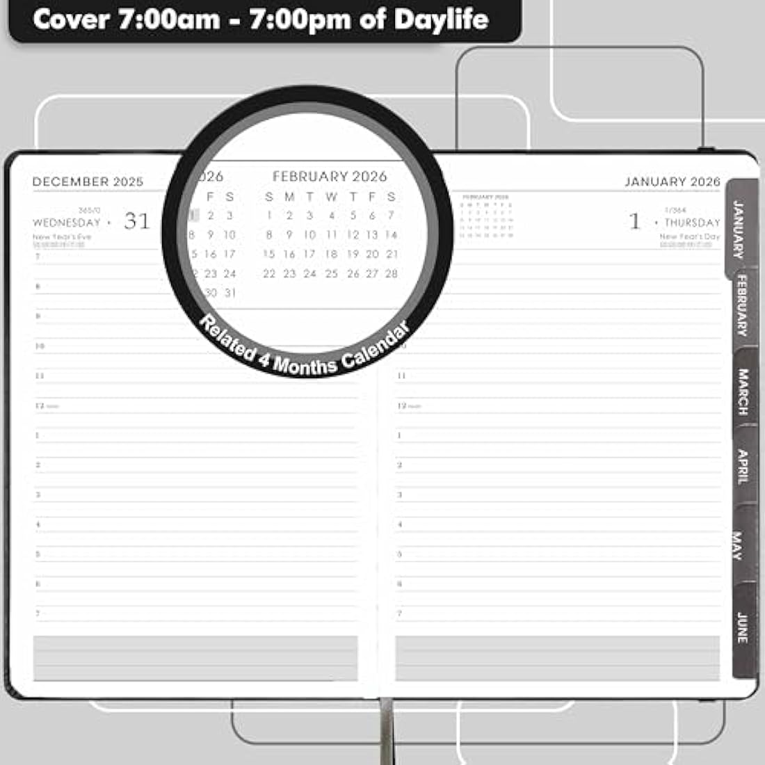 2026 Diary - Diary 2026 Page a Day from January 2026 to December 2026, Productivity Daily Planner with Monthly Tabs, Inner Pocket, Grey, Banded,14.3 X 21 cm