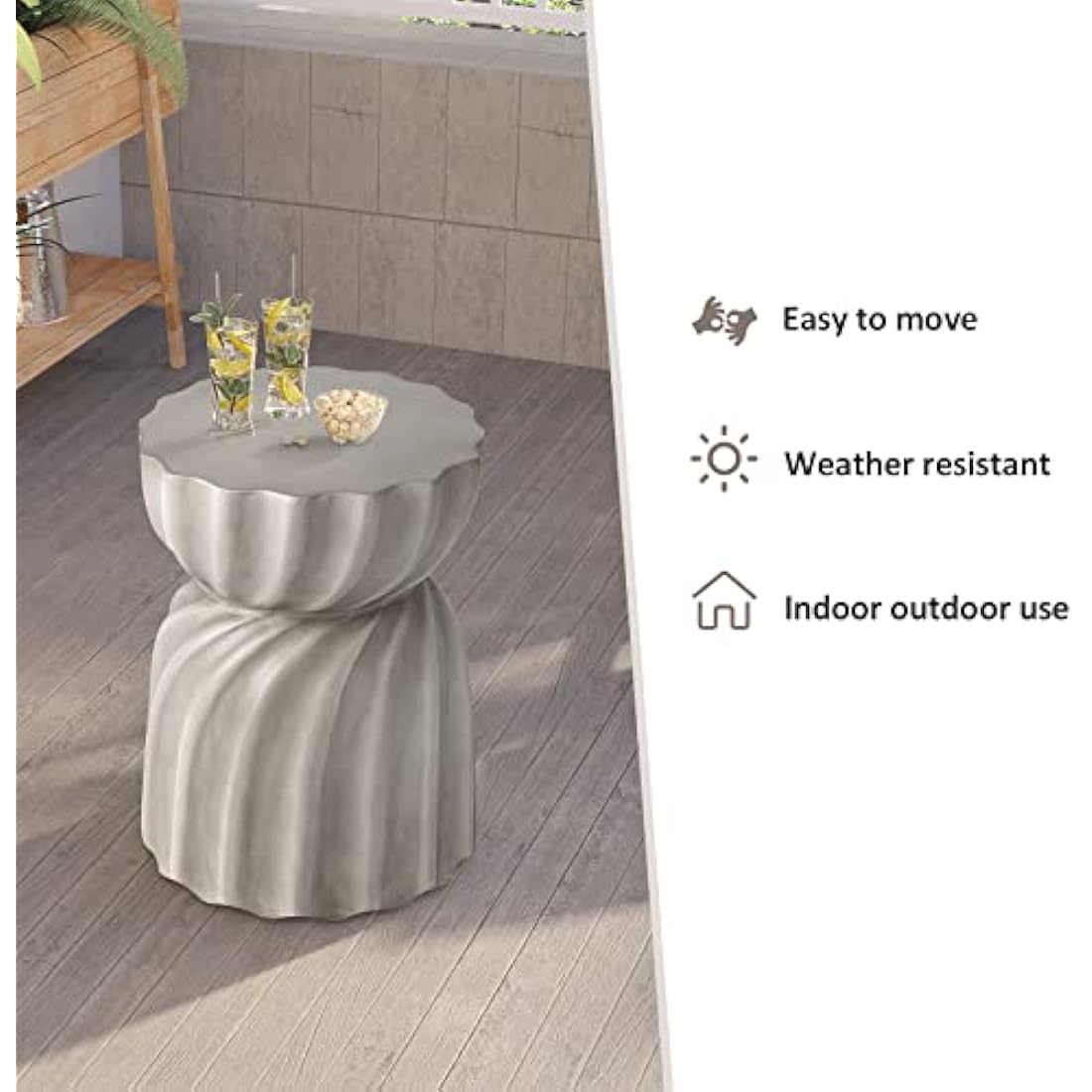 HOMPUS Unique Outdoor Concrete Side Table, Garden Stool, Round Patio MgO End Table, Lightweight Small Accent Table for Indoor Outdoor Use, Patio, Garden, Backyard, Natural Grey
