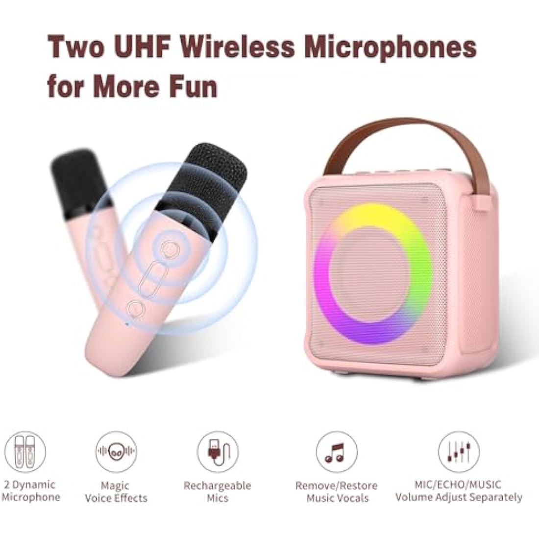 Ankuka Karaoke Toys for Kids & Adults with 2 Microphones, Portable Karaoke Machine with LED Light and Voice Changing Effects, Gifts for Age 3-18 Kids Boys Girls Families Birthday Party (Pink)