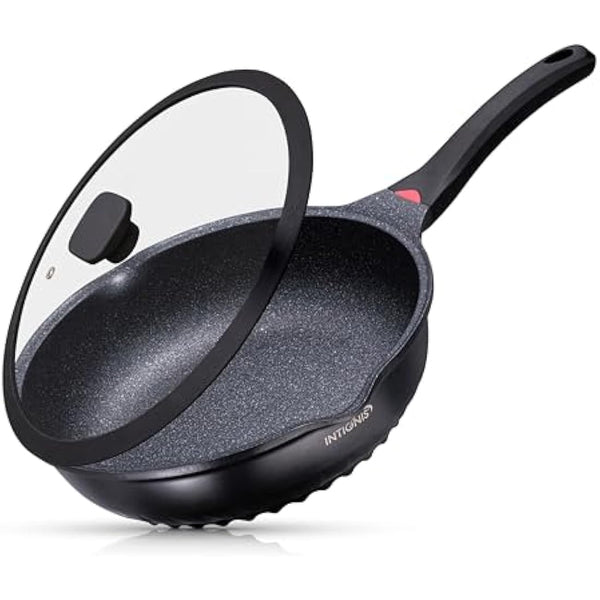 INTIGNIS Deep Non-Stick Frying Pan with Lid – 3-in-1 Sauté Pan, Skillet & Mini Wok – GREBLON Ceramic Coating | Induction Hob Safe | Stainless Steel Base |PTFE & PFOA Free (Black, 24 cm)