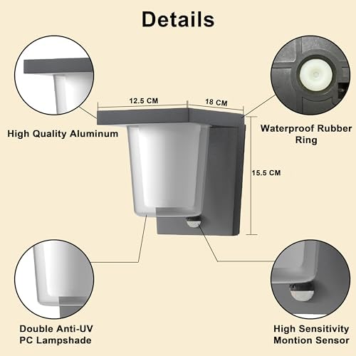 FLORNIA LED Outdoor Wall Light with Motion Sensor, Outside Wall Light Main Powered with PIR, External Garden Weatherproof Aluminium Lamp (900LM 13.5W 3000K IP44)