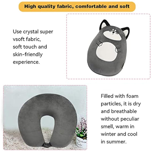 JOYRAVO Kids Travel Pillow - 2-in-1 Deformable Neck Pillow, Soft U-Shaped Pillow with Cute Plush Animals Comfy Sleep and Play Companion for Airplanes, Cars, and Travel - Husky