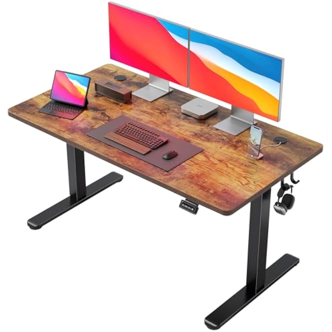 FEZIBO Electric Height Adjustable Standing Desk, 60x140cm Ergonomic Home Office Table with Splice Board & Rustic Wood Grain Surface, Upgraded Stable Steel Frame for Sit-Stand Workstation