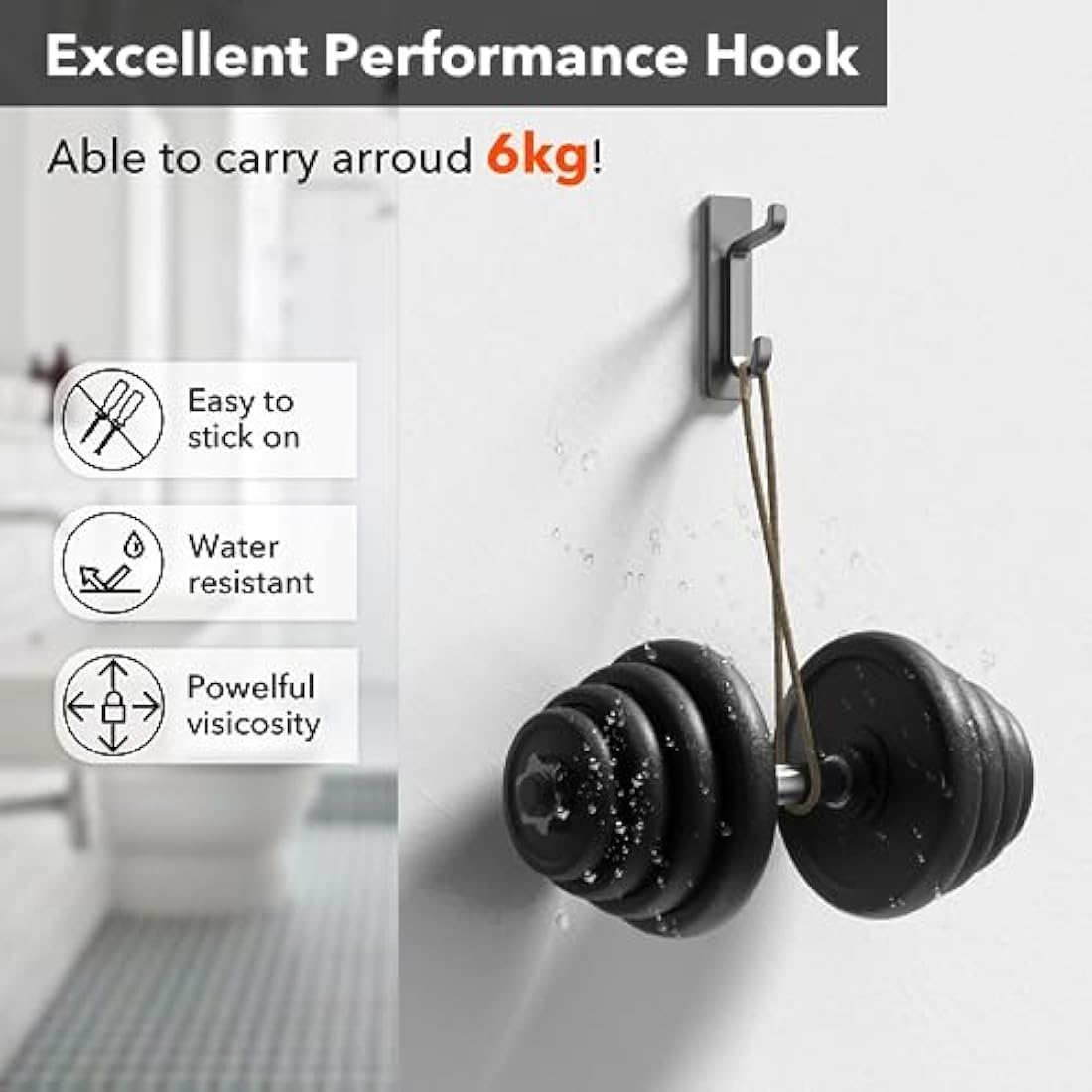 Stick on Hooks for Hanging, Extra Sticky 6KG (Max), Coat Hook on Door for Towel Coat Hat Key, Metal Stainless Heavy Duty, Self Adhesive Hangers Wall Mounted for Bathroom Shower Kitchen, Grey, 4 Pack