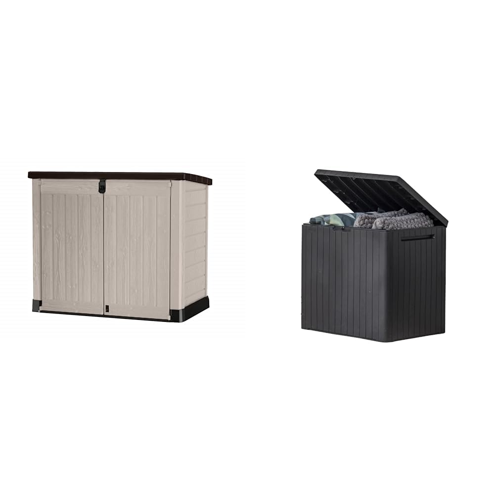 Keter Store It Out Pro Outdoor Garden Furniture Storage Shed Beige with Brown Lid Fade Free All Weather Resistant Safe and Secure Zero Maintenance 5 year Warranty