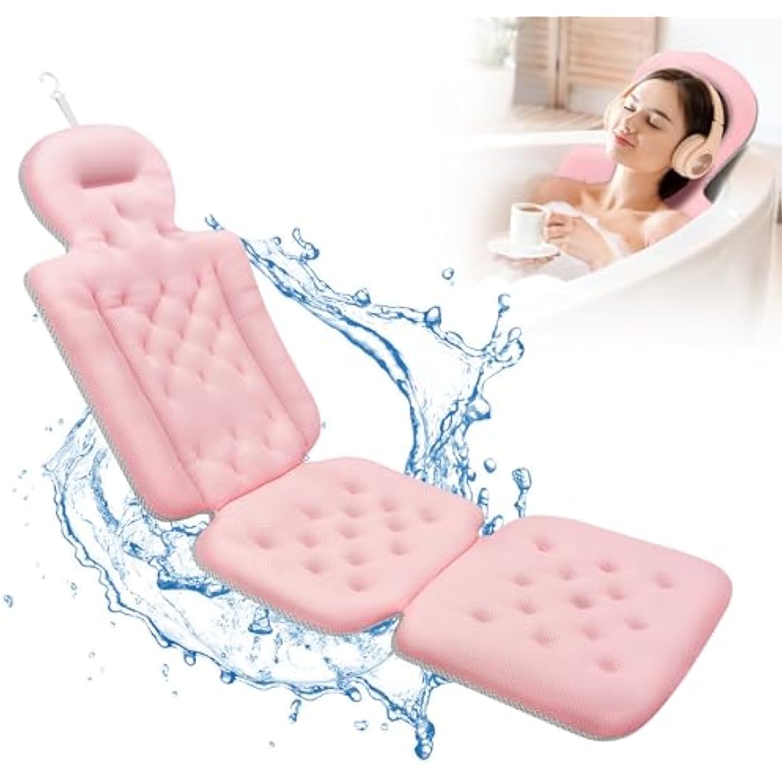 Full Body Bath Pillow, Luxury Bath Cushion with 192 Suction Cups, Bath Pillows for Tub for Head and Neck Support, with Laundry Bag Pink, 51" x 16"