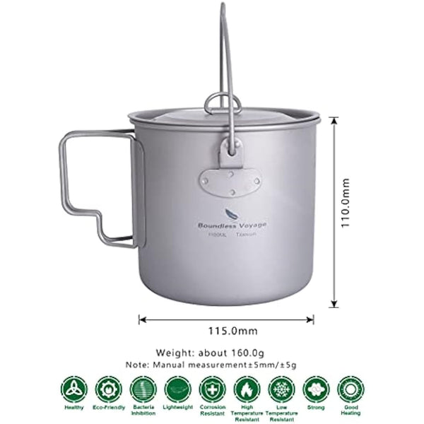 iBasingo 1100ml Titanium Mug Camping Cup Tea Coffee Water Pot with Lid Ultralight Outdoor Travel Tableware with Foldable Handle Picnic Backpacking Trekking Portable Drinkware Survival Gear Ti3041D