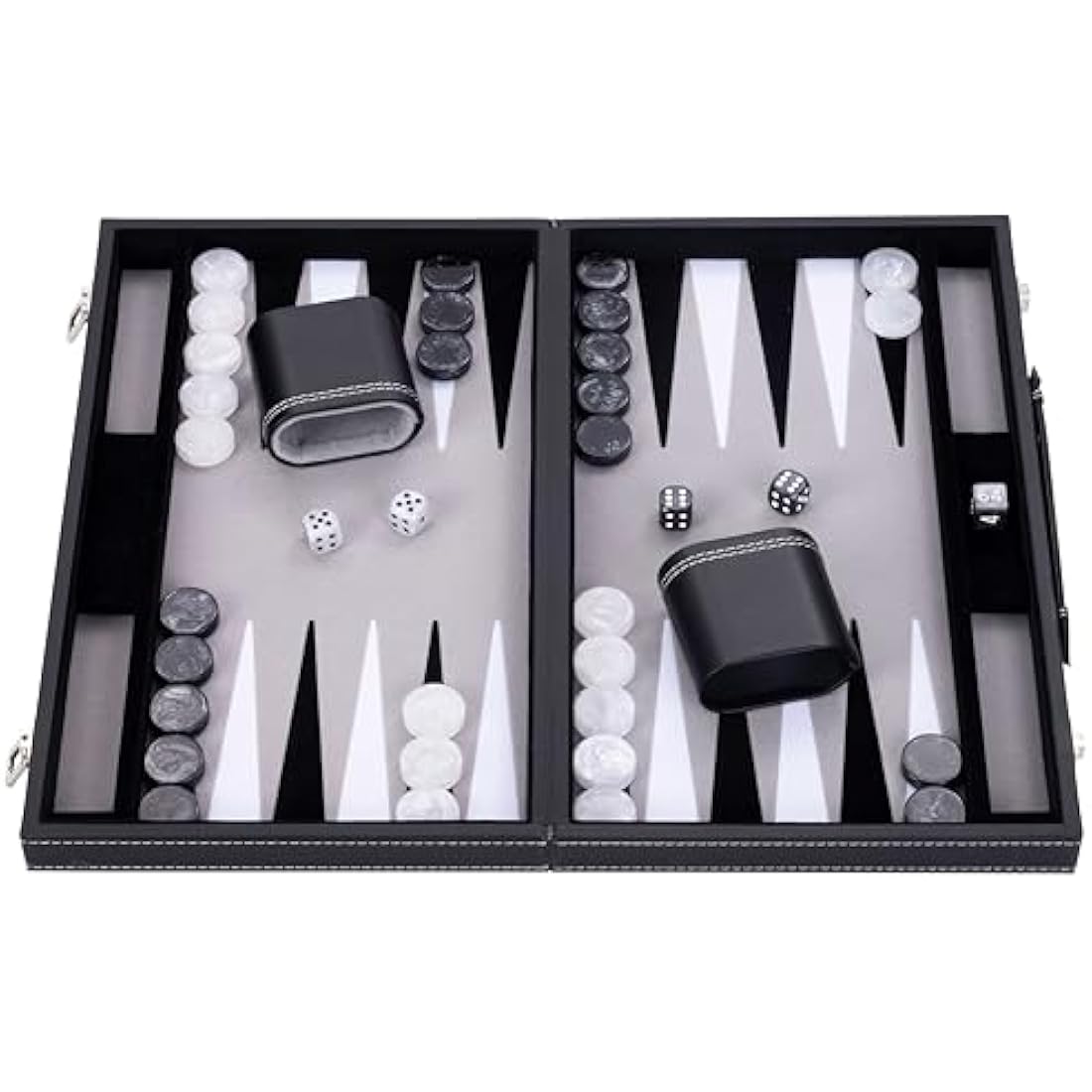 Engelhart - 250506 - Luxury Backgammon - Grey - 38 cm - 15 Inches - Faux Leather - Felt Inlay - Pearl Dice and Chips + 2 Cups - Strategy - Backgammon Game