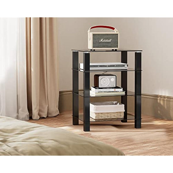FITUEYES HiFi Rack AV Shelf 4-Tiers Glass TV Stand with Tempered Glass Media Storage Shelves Black