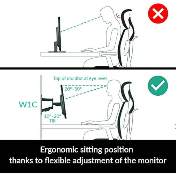 ARCTIC W1C - Wall Mount with Retractable Folding Arm, Wall Space-Saving Attachment, up to 43"; 49" Ultrawide, up to 18 kg (39.6 lbs), Cable Managment, Simple Installation - Black