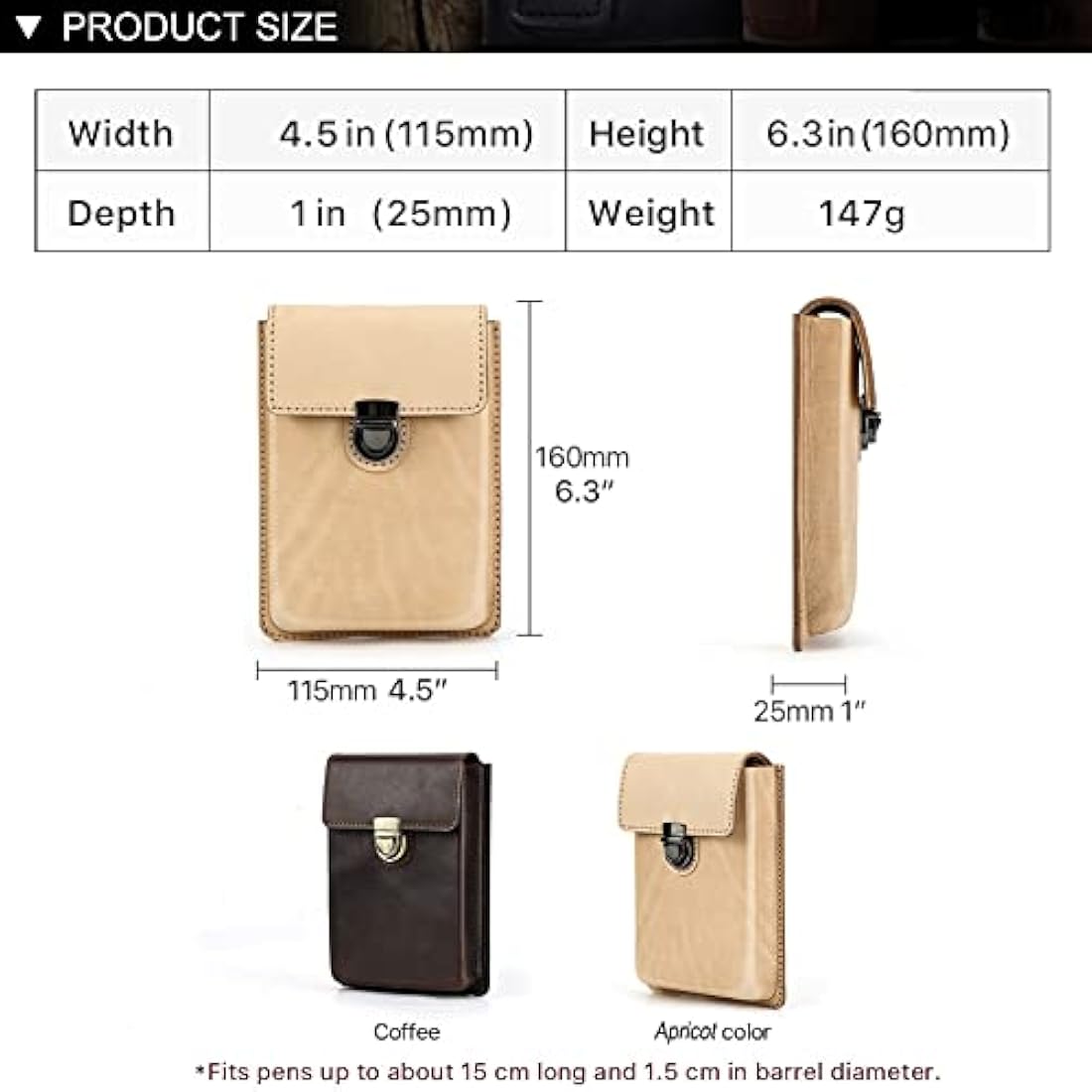 Hiram Leather Pen Case for 5 Pens Portable Genuine Leather Fountain Pens Storage Case with Secured Brass Lock Closure and Type Removable Pen Tray Design (Apricot)