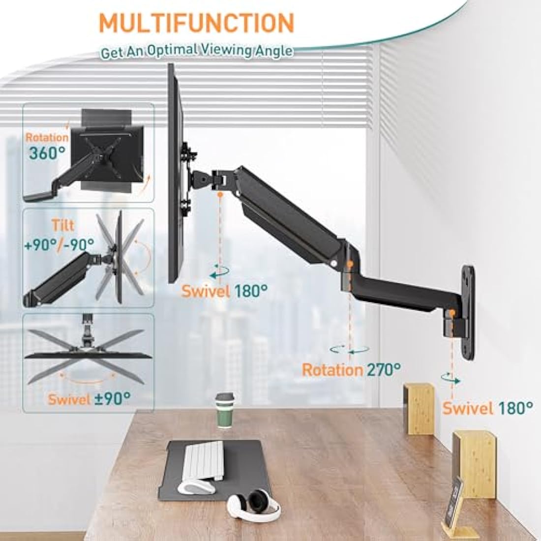 ELIVED Monitor Wall Mount for Most Max 35 inch Screens, Gas Spring Single Monitor Arm with VESA Extension Kit for VESA 75x75, 100x100, 100x200, 200x100, 200x200, Support 3-12KG Display EV6023