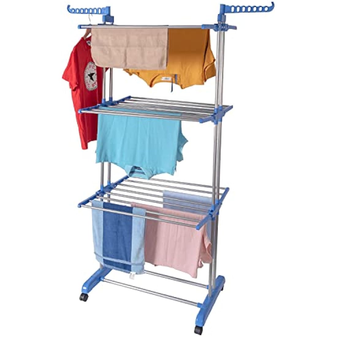 IFJA 4 Tier Airer Clothes Drying Rack | Adjustable Rolling Stainless Steel Laundry Rack Stand with Foldable Wings Casters for Indoor Outdoor | Garments Blue Hanger with Retractable Trays | 74x170x48cm