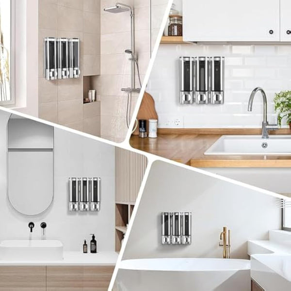 Soap Dispenser Wall Mounting, Shampoo Shower Gel Dispenser, Set of 3 Soap Dispensers, No Drilling, Even Liquid Release, Leak-Proof, Suitable for Shampoo, Shower Gel, Liquid Soap, Conditioner (Silver)