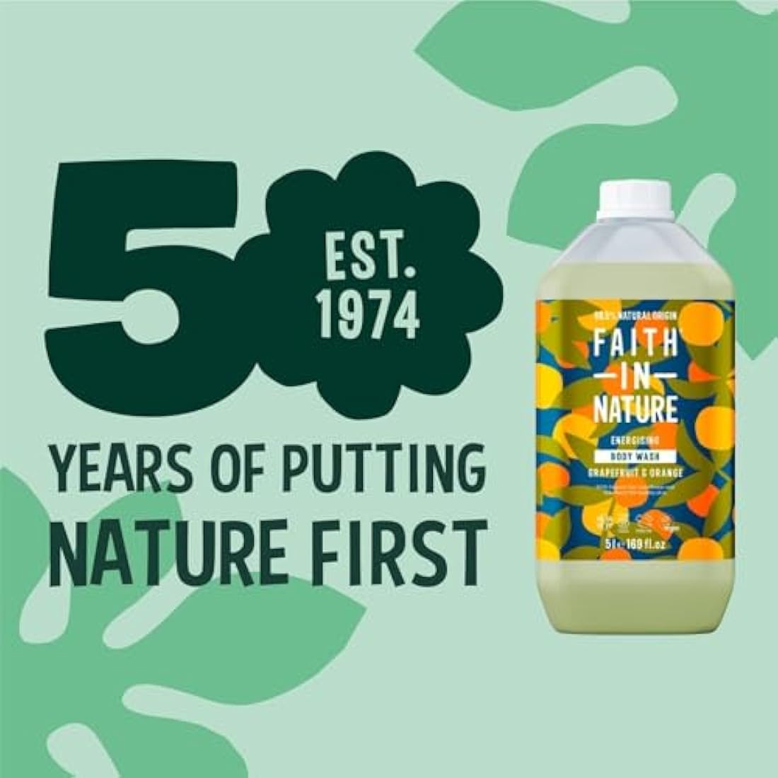 Faith In Nature Natural Grapefruit & Orange Body Wash, Energising Shower Gel, Vegan & Cruelty Free, No SLS or Parabens, 5L Refill Pack