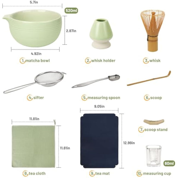 Joiish 10-Pcs Matcha Set, Bamboo Whisk and Bowl with Spout & Measuring Spoon, Chasen Holder, Sifter, Complete Matcha Tea Kit (Light Green)