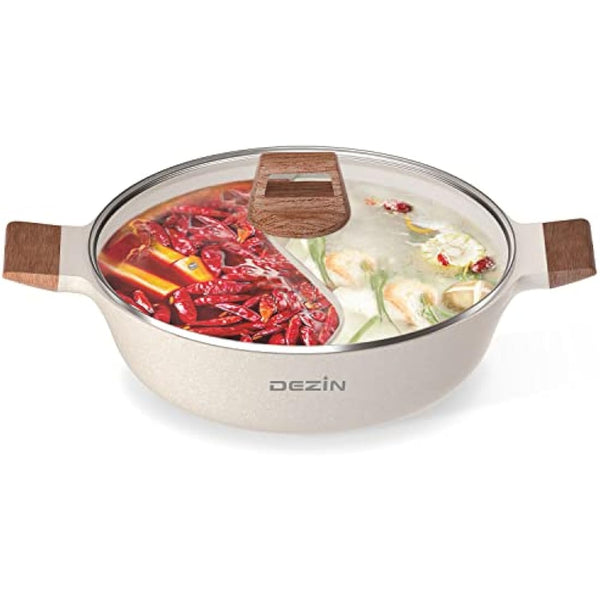 DEZIN 5-QT Double-flavor Shabu Pot with Divider, Dual Sided Nonstick 12 Inch Divided Hotpot for Induction Cooktop, Gas Stove & Hot Burner, Soup Ladle Included