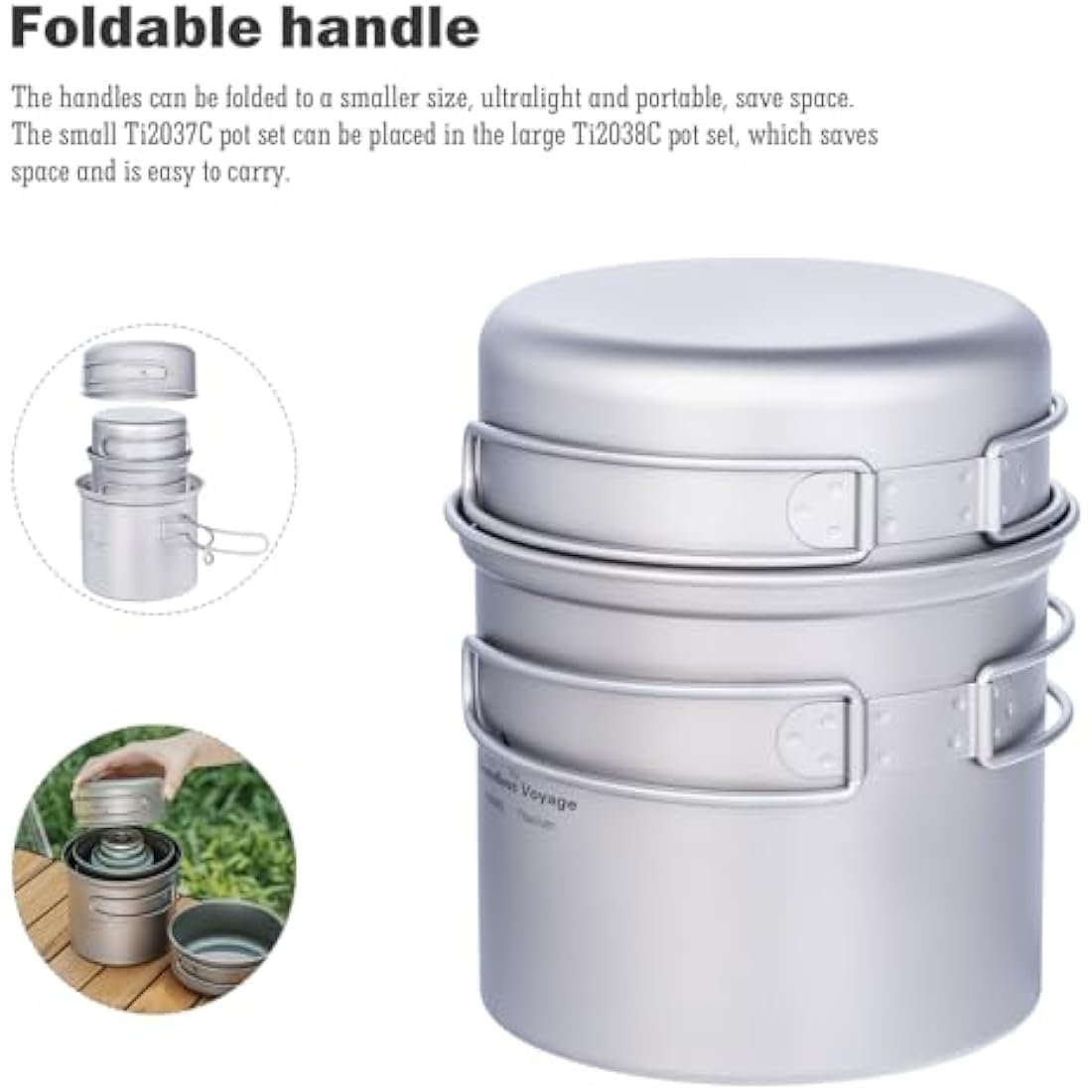 iBasingo Titanium Camping Pots Pans Set Lightweight Outdoor Backpacking Cookware with Folding Handle Compact Cooking Mess Kit Portable Travel Cookset, Rust-proof, Non-toxic