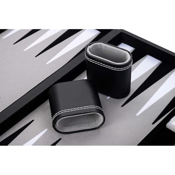Engelhart - 250506 - Luxury Backgammon - Grey - 38 cm - 15 Inches - Faux Leather - Felt Inlay - Pearl Dice and Chips + 2 Cups - Strategy - Backgammon Game