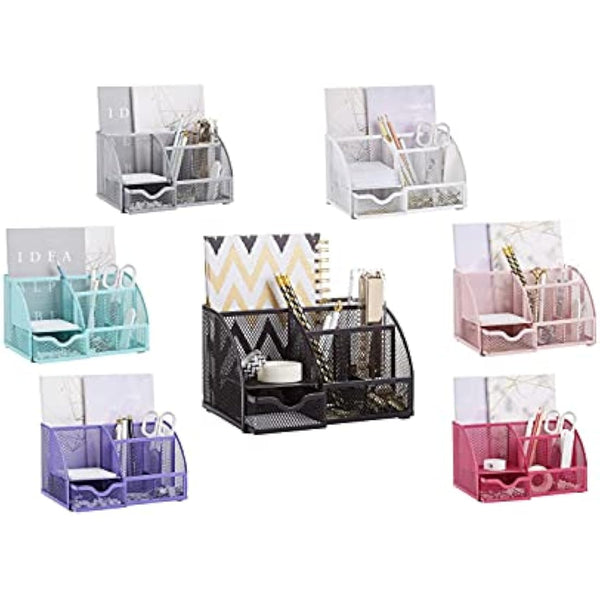 EXERZ Desk Organiser/Mesh Desk Tidy Caddy/Pencil Holder Multifunctional with 7 Compartments– White