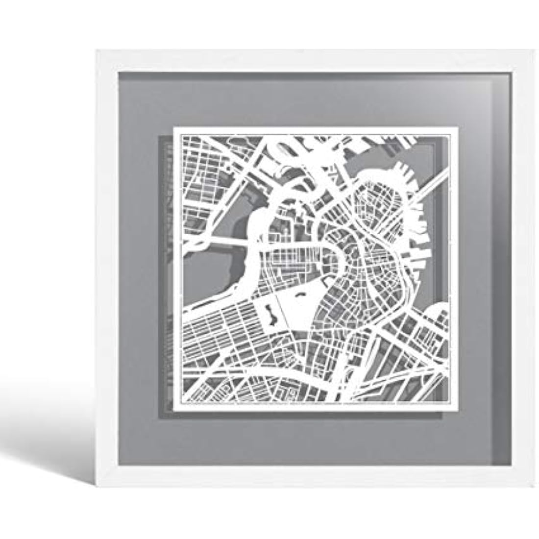 O3 DESIGN STUDIO Boston Paper Cut Map framed, White map, White frame, 9x9 inches, Gift Boxed, 4 background color, self-changing, Paper Art