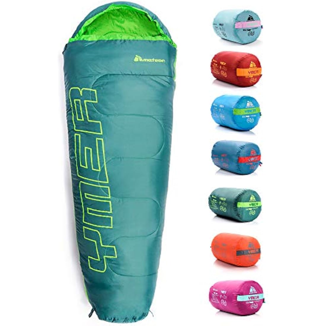 Meteor - YMER Kids Sleeping Bag – Camping Equipement for Girls, Boys & Teens – Compact Travel Gear for Hiking, Sleepover – Winter, Spring, Summer or Fall – for Kids 155 cm Tall - Dark Green/Green