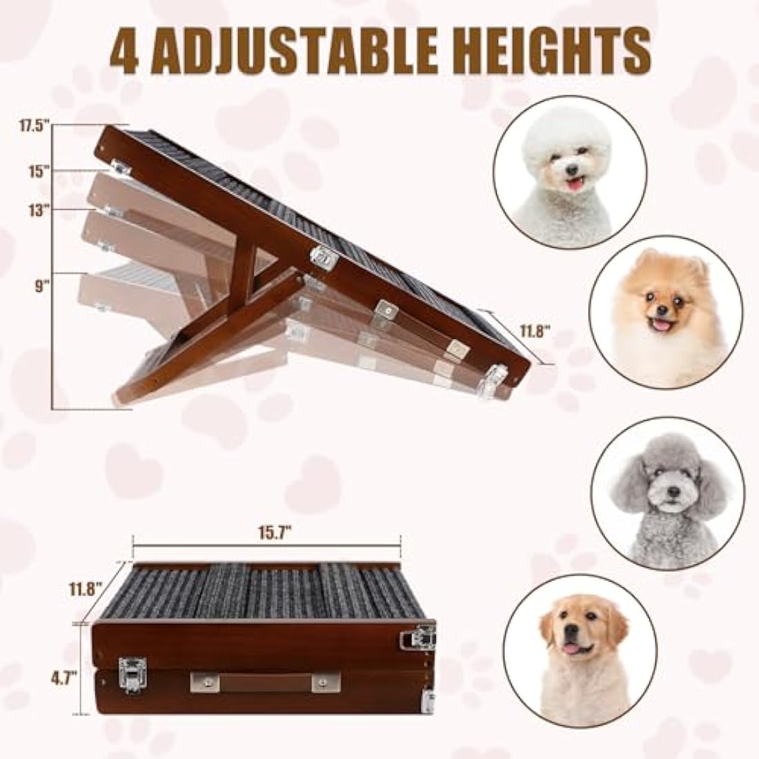 Umtiti Brown Wooden Framed Folding Portable Pet Ramp. 4 Levels Adjustable 9" to 17.3" with Non-Slip 5 Paw Traction Mat for Small Medium Doggie. Dog Ramps-80penBN,UK