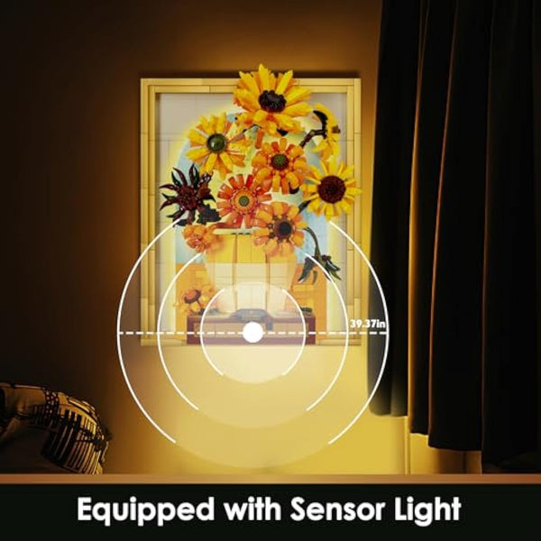 JMBricklayer Sunflower Art Building Toy with Light, 70004 Van Gogh Painting Wall Art Desktop Home Office Room Decor, Sunflower Picture Frame Gift for Men Women Him Her (1166PCS)