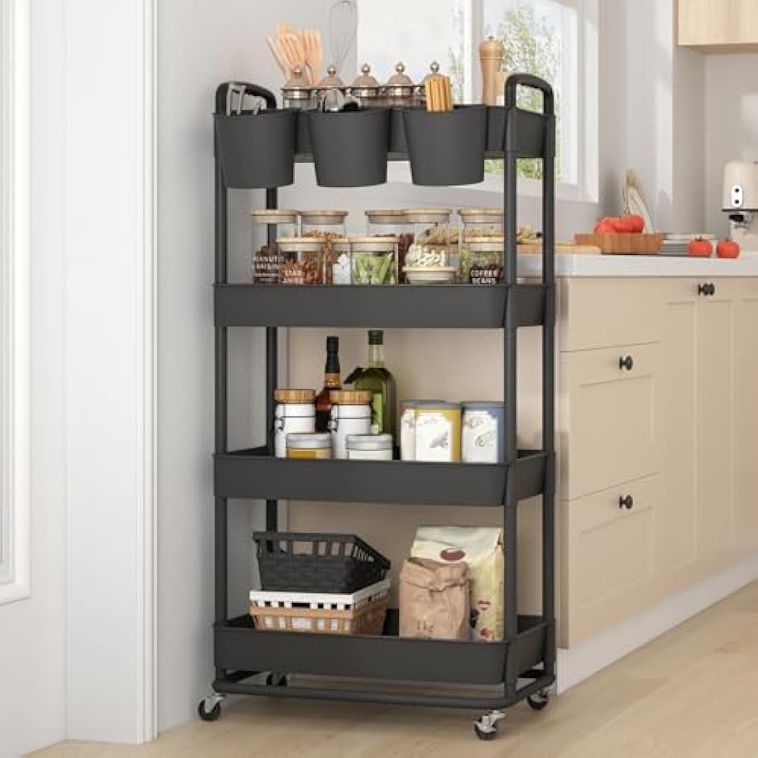 JIUYOTREE 4-Tier Plastic Rolling Storage Cart Utility Cart with Extra Hanging Cups Handles Lockable Wheels for Living Room Bathroom Kitchen Office Black